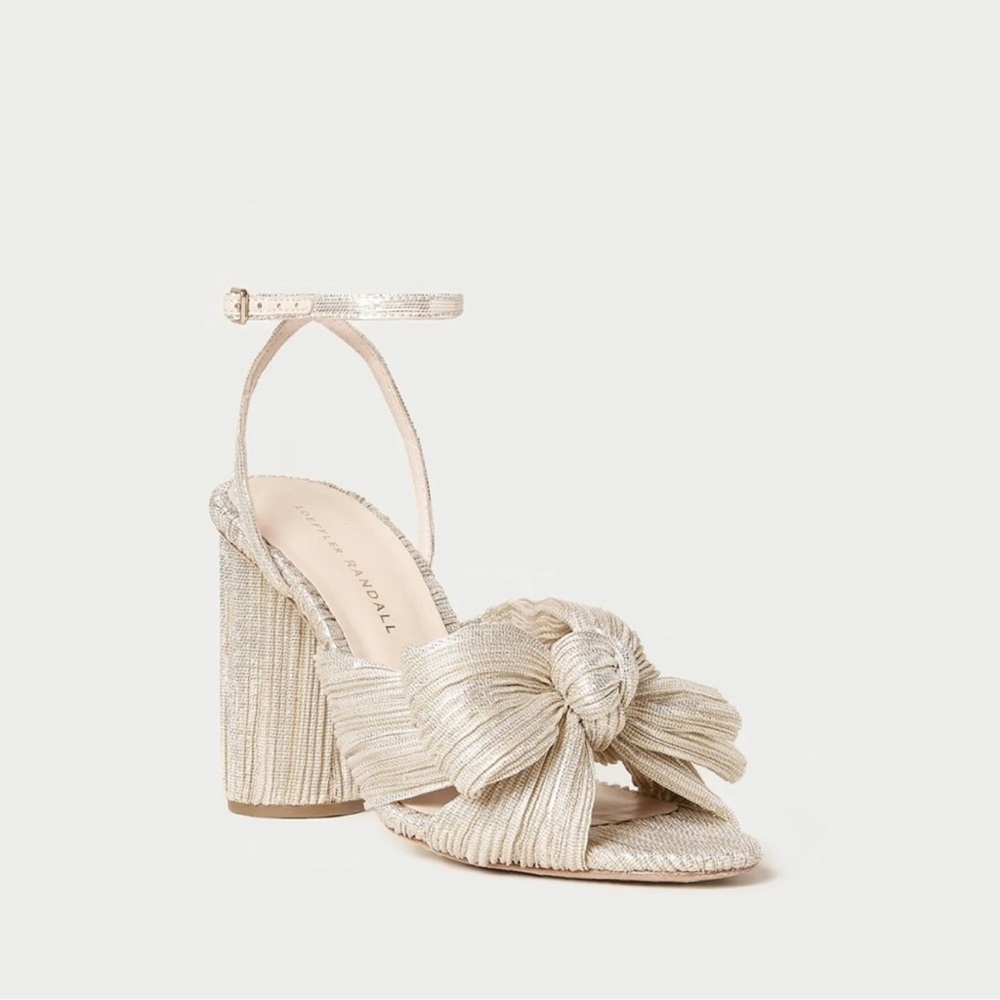 Loeffler Randall Camellia Platinum Pleated Bow Heel with Ankle Strap
